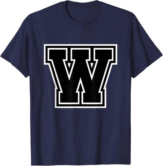 Letter W Black Monogram Initial T-Shirt - T-Shirt | Navy