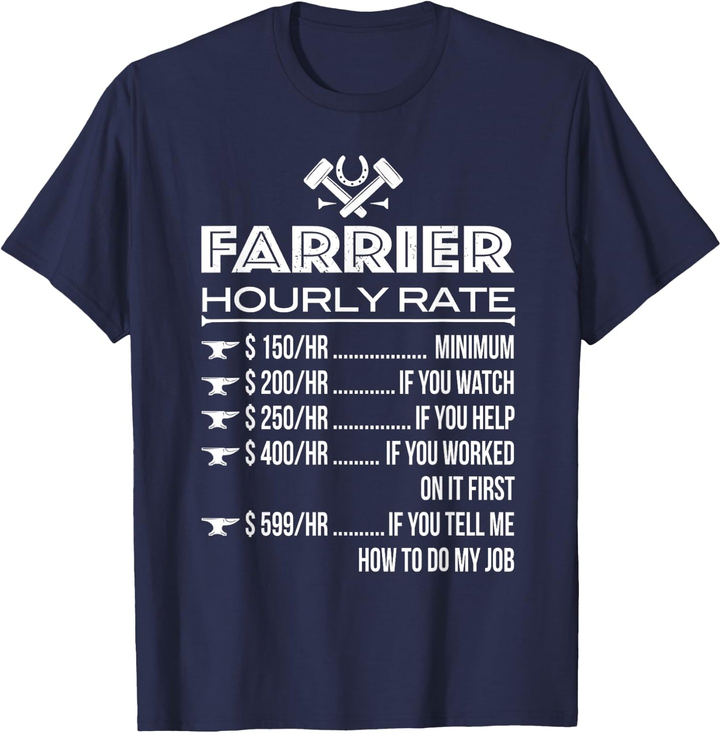 Horse Foot Care Specialist Job Title Wage Chart Funny Farrier Rates Labor Horseshoer Equine Hoof Worker Gift T-Shirt - T-Shirt | Navy
