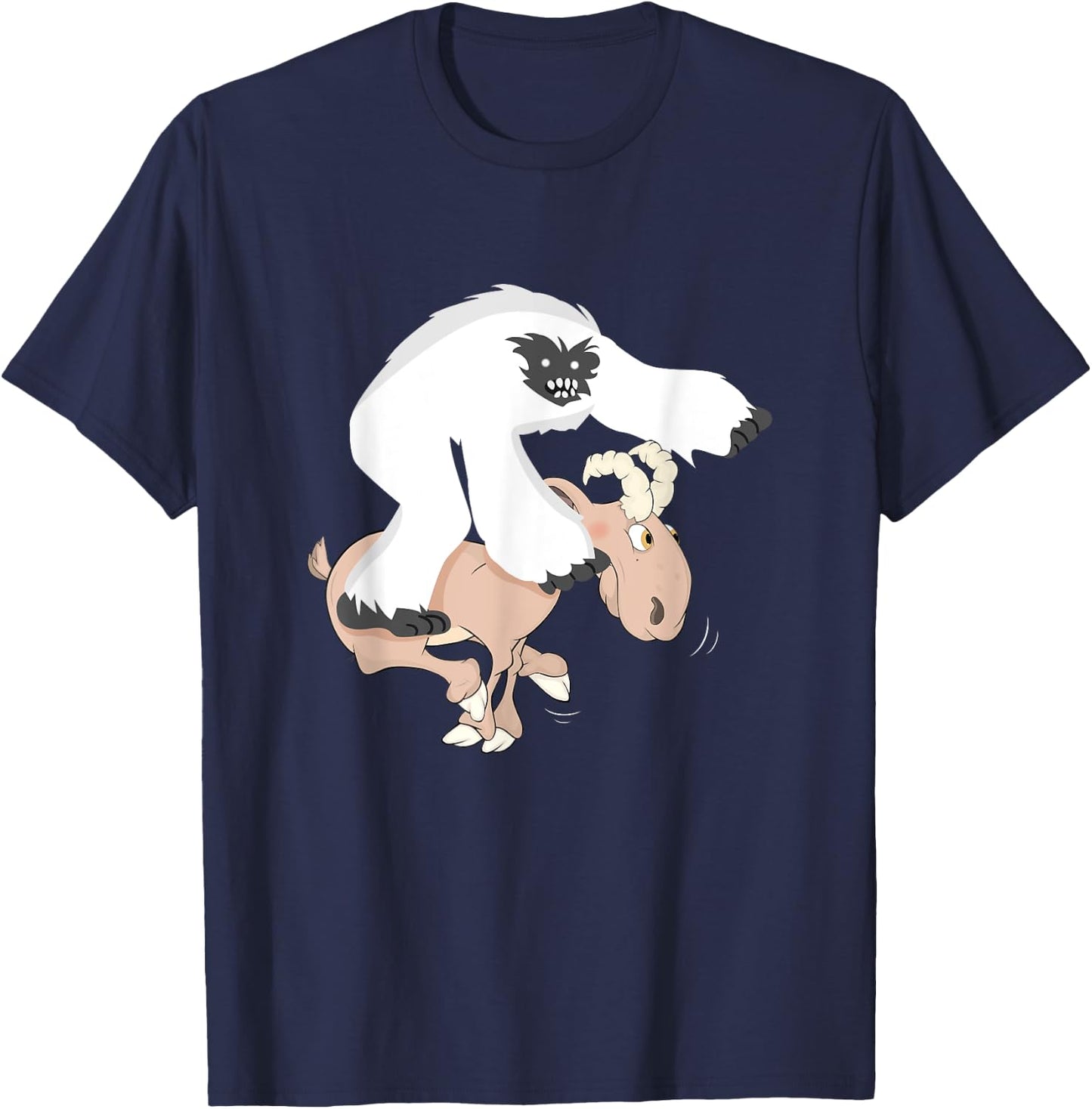 Funny Baby Yeti Riding Goat Cartoon Bigfoot Play Junior Goat T-Shirt - T-Shirt | Navy