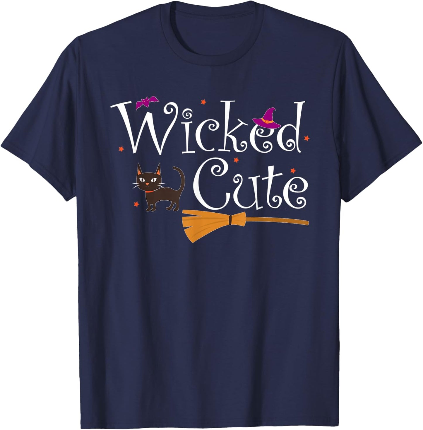Wicked Cute Witch Halloween Costume Cat Broom Hat Gift Women Kids T-Shirt - T-Shirt | Navy
