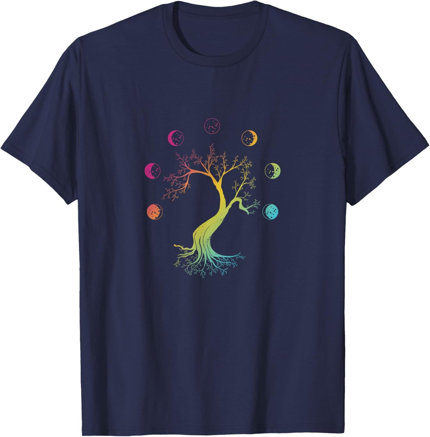 Multicolored Moon-phases Tree Moon-phases Peace T-Shirt - T-Shirt | Navy