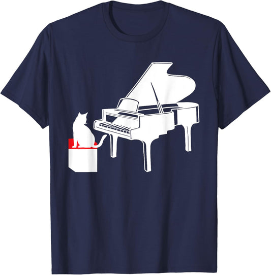 Cat Playing Piano Music Lover Funny Men Women Girls Kids T-Shirt - T-Shirt | Navy