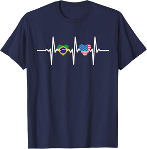 Half American Brazilian America Brazil Flag Heartbeat Heart T-Shirt - T-Shirt | Navy