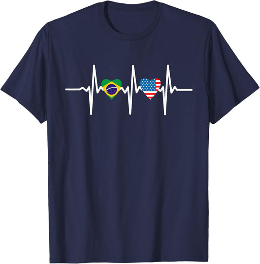 Half American Brazilian America Brazil Flag Heartbeat Heart T-Shirt - T-Shirt | Navy