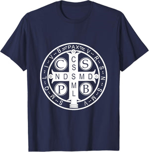 St. Benedict Medal - Traditional Latin Catholic Christian T-Shirt - T-Shirt | Navy