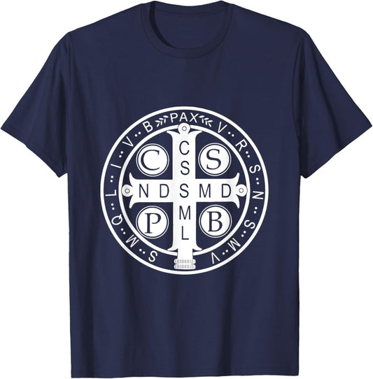 St. Benedict Medal - Traditional Latin Catholic Christian T-Shirt - T-Shirt | Navy