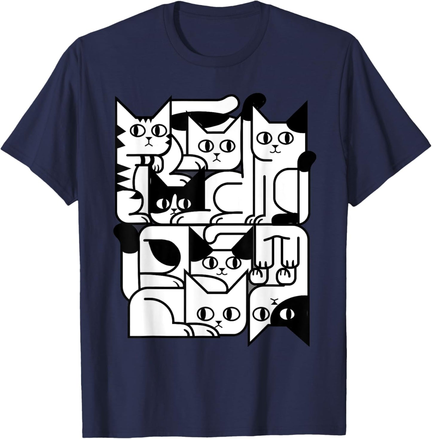 Feline Animal Friends Apparel for Cat Enthusiasts Geometric Cat Silhouette Abstract Kitten Classic Cute Cat , Small, Black T-Shirt - T-Shirt | Navy