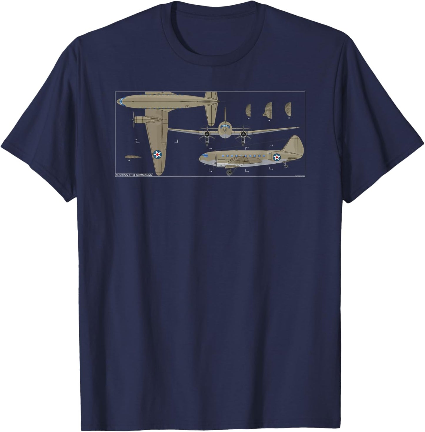 Curtiss C-46 Commando American WW2 Transport Plane Diagram T-Shirt - T-Shirt | Navy