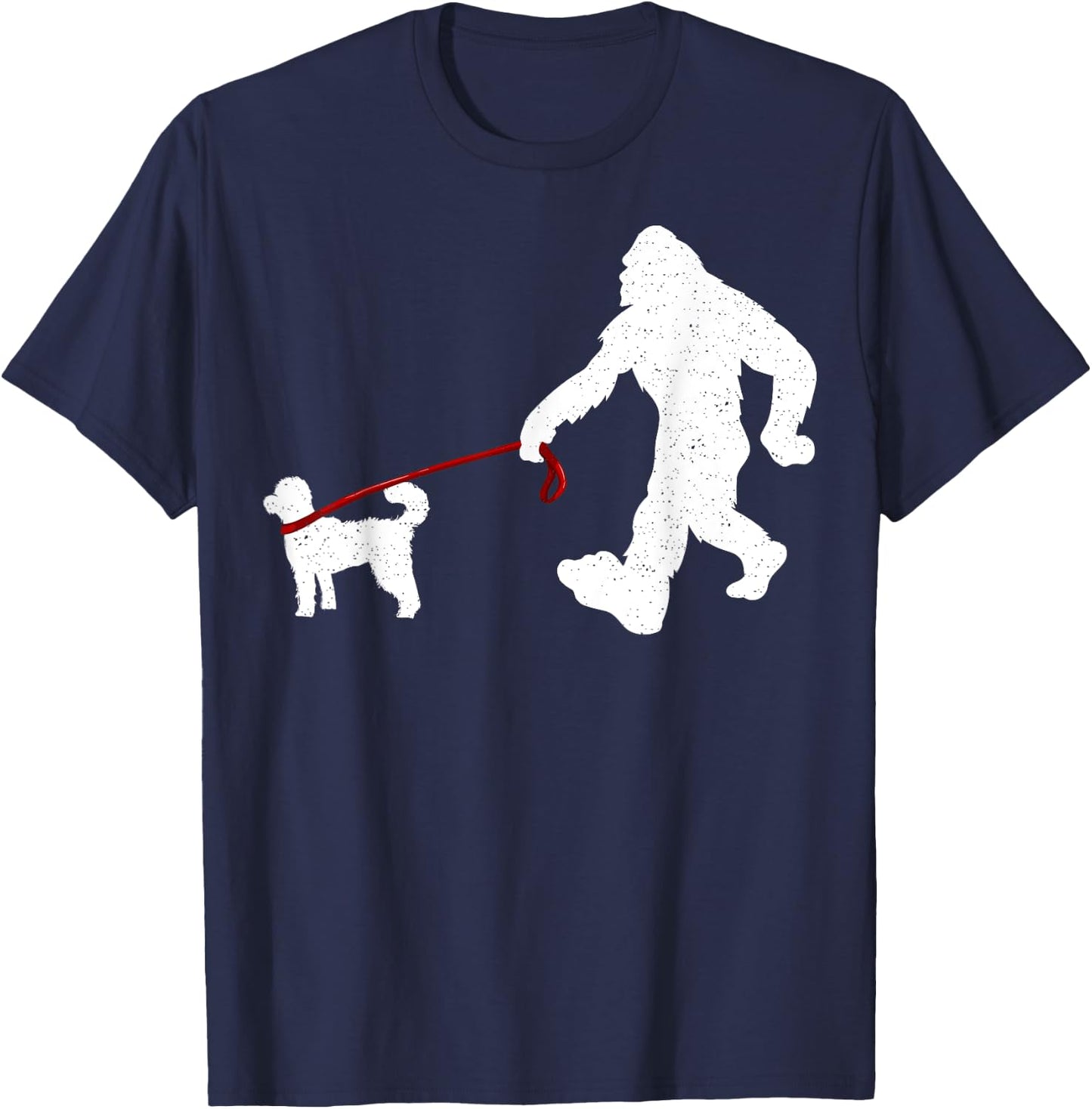 Funny Bigfoot Walking With Poodle Dog Gifts T-Shirt - T-Shirt | Navy
