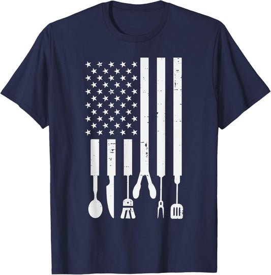White US Flag Bbq Tools Vintage Grilling Smoking Patriotic T-Shirt - T-Shirt | Navy