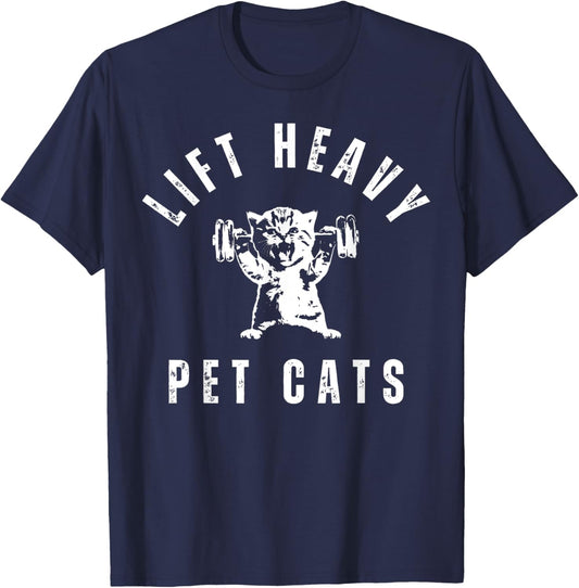 Lift Heavy Pet Cat Gym Weightlifting Workout Fitness Retro T-Shirt - T-Shirt | Navy
