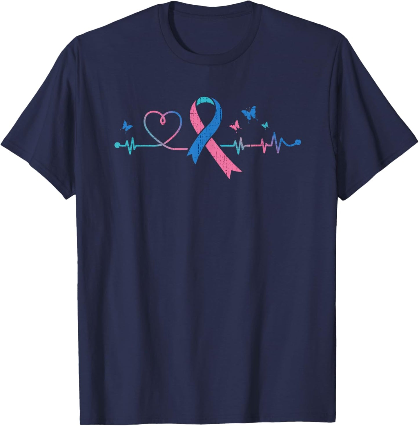 Thyroid Cancer Heartbeat Thyroid Cancer Ribbon Awareness T-Shirt - T-Shirt | Navy