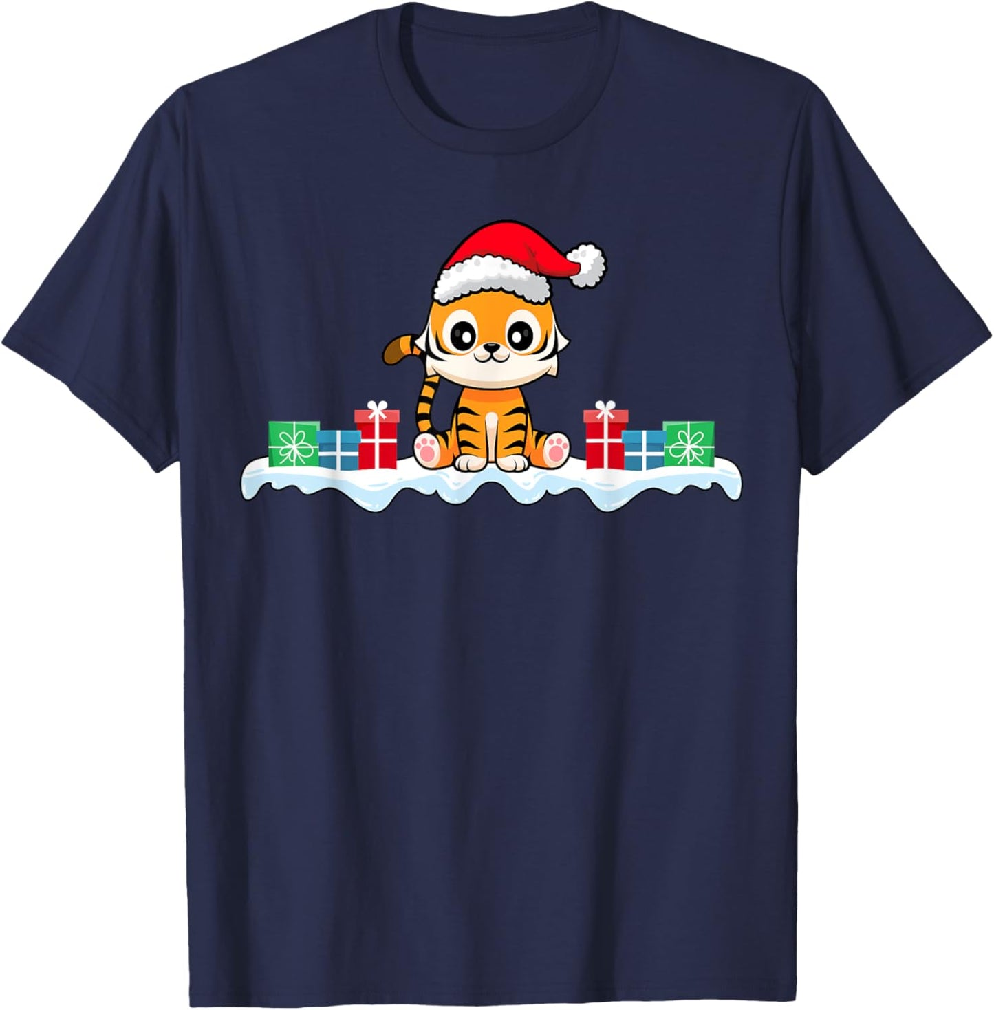 Kawaii Tiger Wearing Santa Hat Xmas Tiger Lover Christmas T-Shirt - T-Shirt | Navy