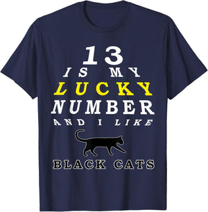 Black Cat Lucky Number 13 Fortune Cat Men Women T-Shirt - T-Shirt | Navy
