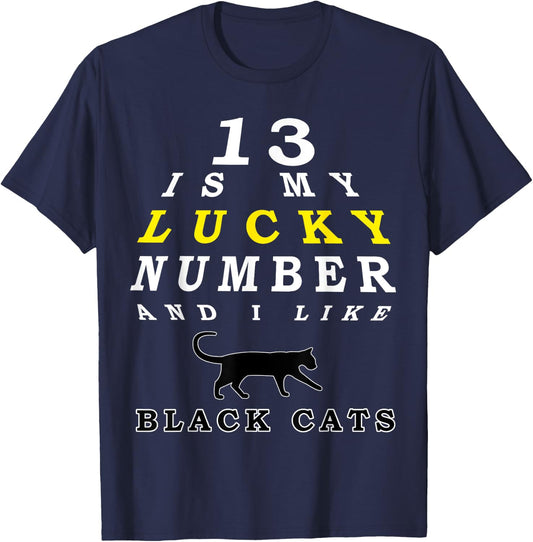 Black Cat Lucky Number 13 Fortune Cat Men Women T-Shirt - T-Shirt | Navy