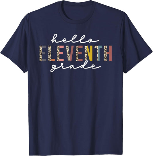 Hello Eleventh Grade Leopard Teacher Back to School T-Shirt - T-Shirt | Navy