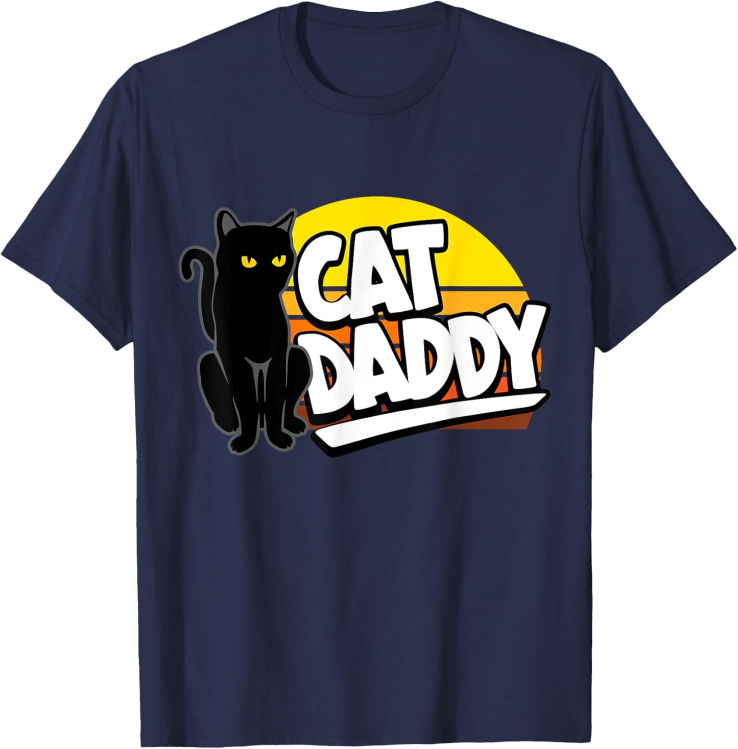 Cat Daddy Retro Sunset Cat Dad Black Cat Yellow Eyes T-Shirt - T-Shirt | Navy