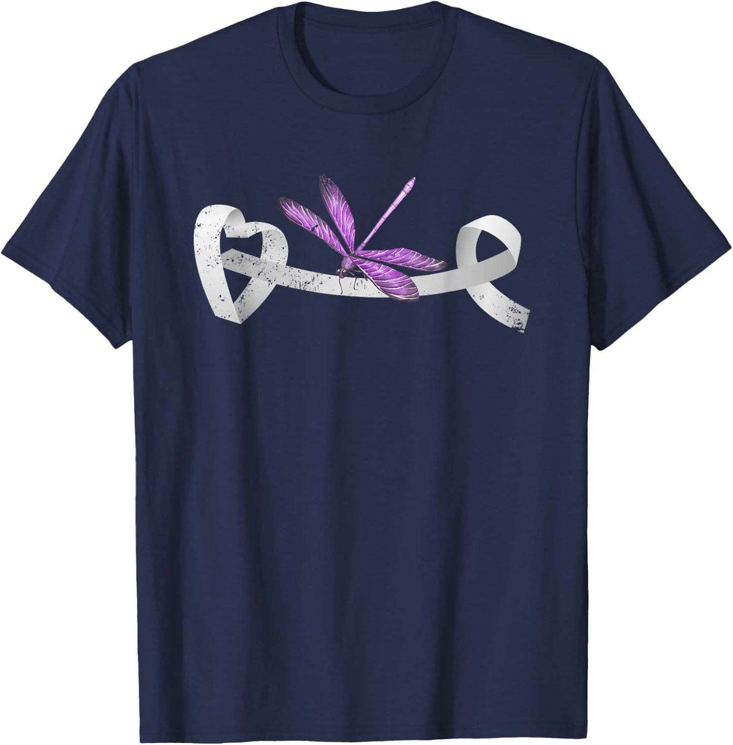 Dragonfly White Ribbon Lung Cancer Survivor Gift Lung Cancer T-Shirt - T-Shirt | Navy