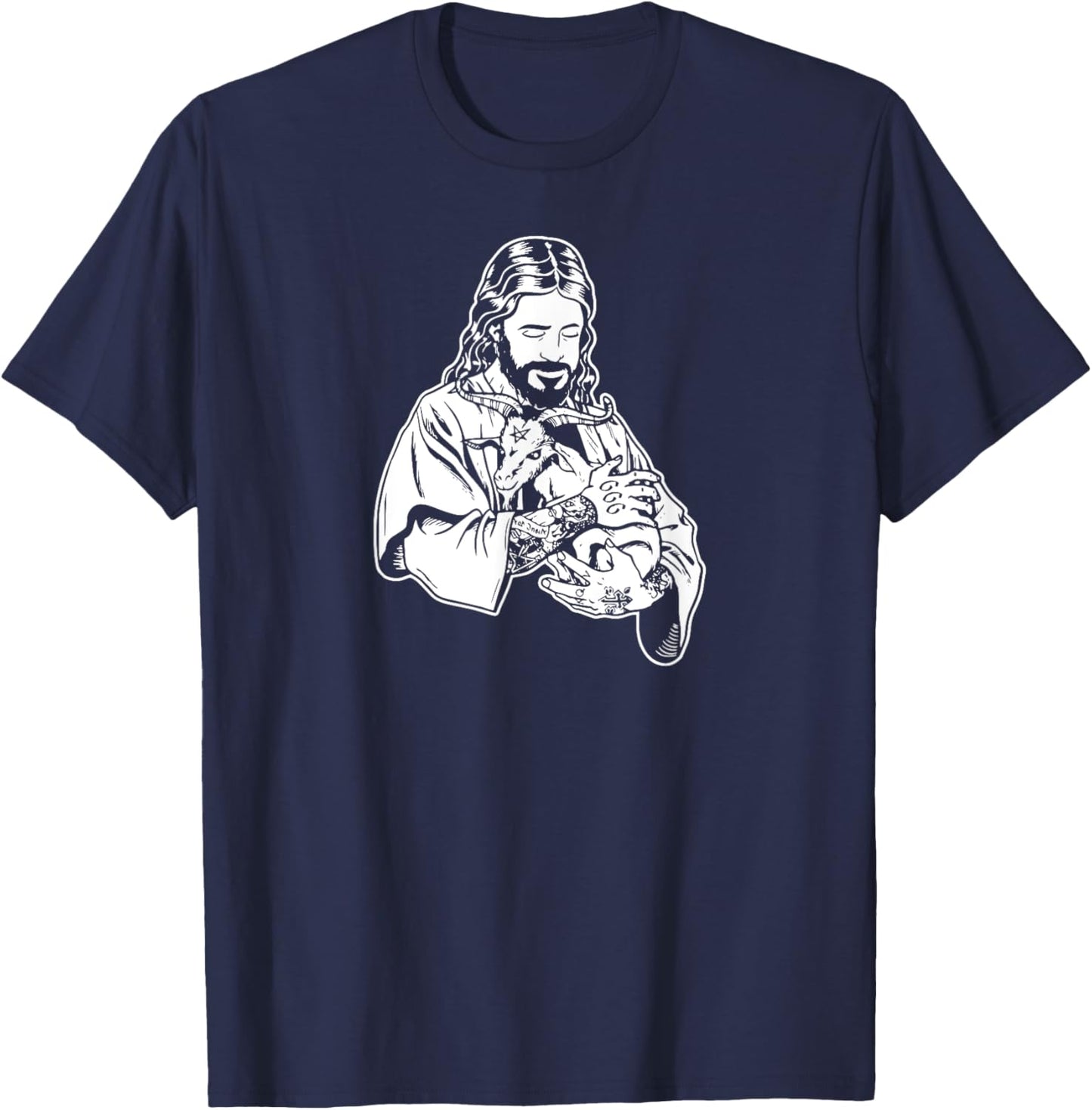 Jesus Holding Goat Baphomet Occult Satanic Tattooed Jesus T-Shirt - T-Shirt | Navy