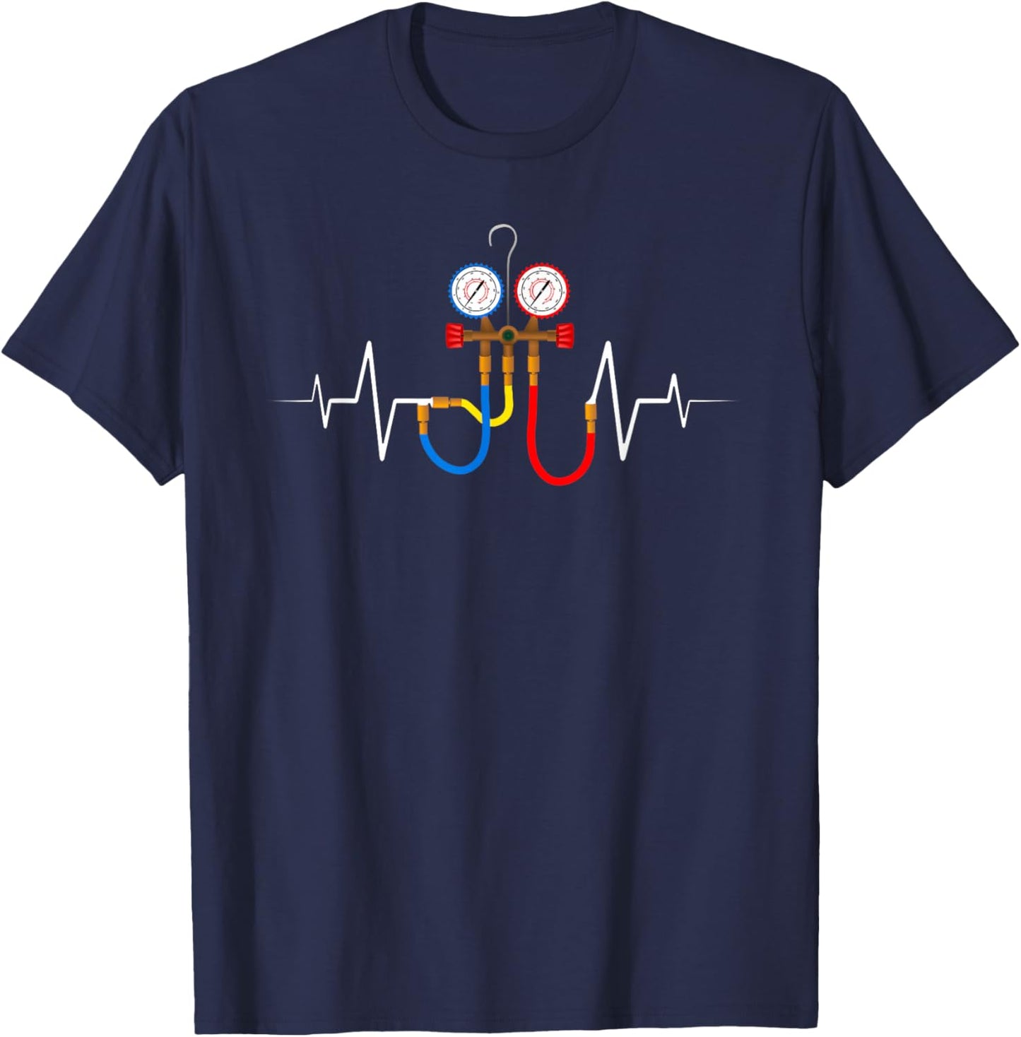 HVAC Technician AC Manifold Gauge EKG Heartbeat T-Shirt - T-Shirt | Navy