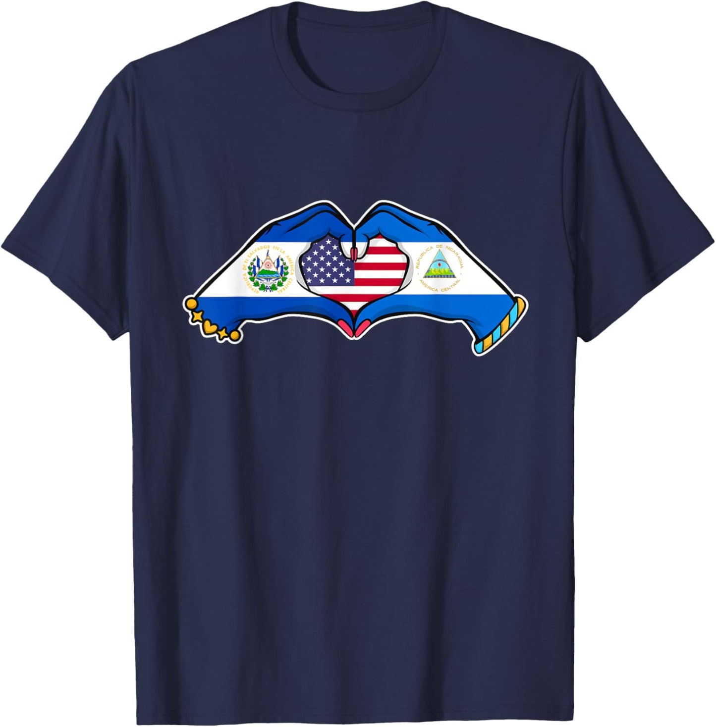 Heart hands El Salvador, Nicaragua and the US. T-Shirt - T-Shirt | Navy