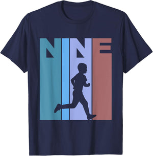 Retro 9th Birthday Running Theme 9 Year Old Runner T-Shirt - T-Shirt | Navy