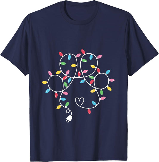 Dog Paw Print Lights Christmas Dog Lover Christmas Men Women Kids T-Shirt - T-Shirt | Navy