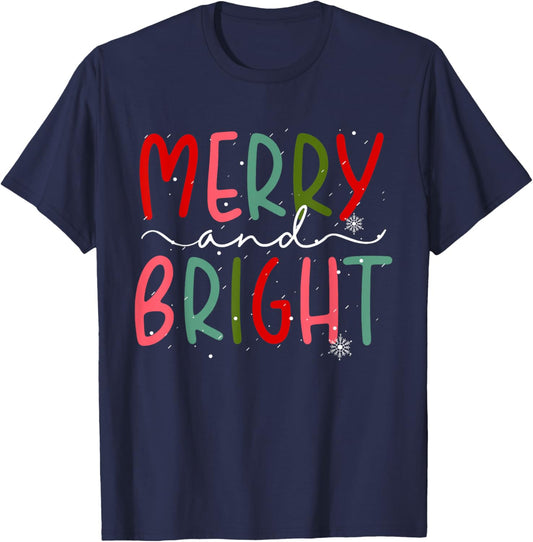 Merry and Bright Christmas Women Girls Kids Toddlers Cute T-Shirt - T-Shirt | Navy