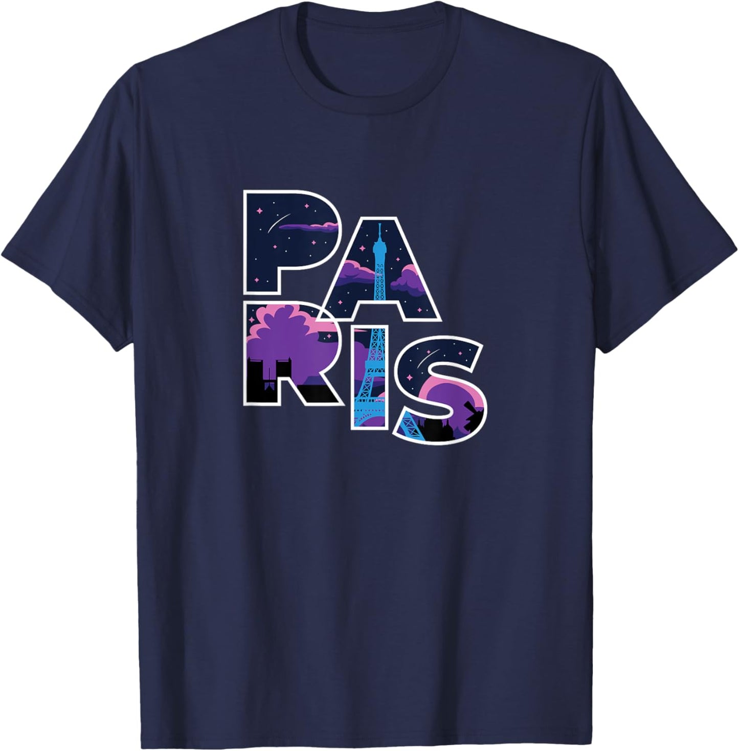 Paris Starry Sky – France Eiffel Tower Word Art T-Shirt - T-Shirt | Navy