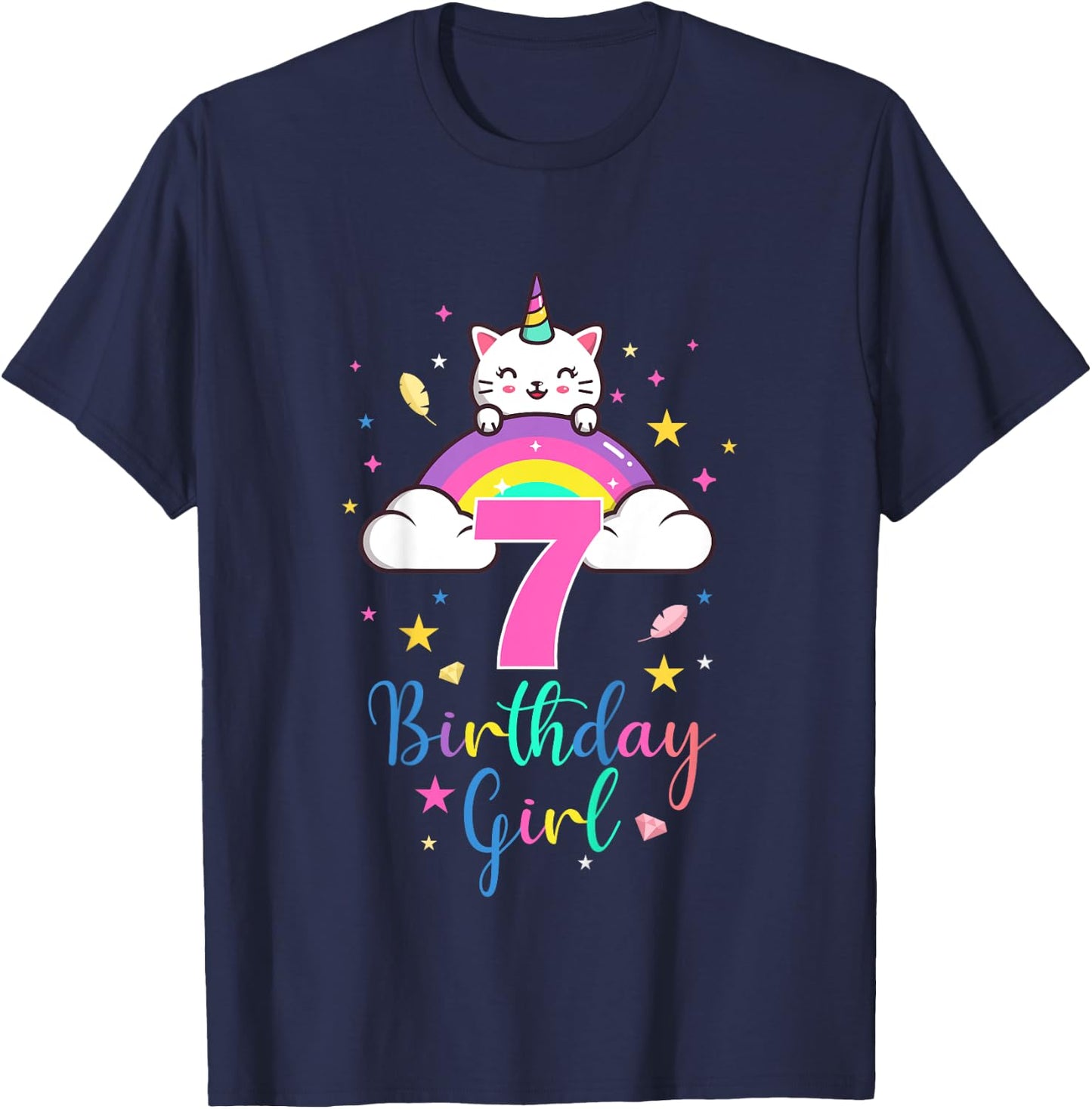 7th Birthday Girl Seven Years Old Birthday Caticorn Rainbow T-Shirt - T-Shirt | Navy
