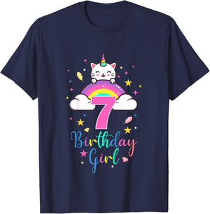 7th Birthday Girl Seven Years Old Birthday Caticorn Rainbow T-Shirt - T-Shirt | Navy