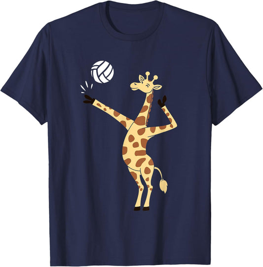 Giraffe Playing Volleyball Funny Whimsical Cartoon Graphic T-Shirt - T-Shirt | Navy