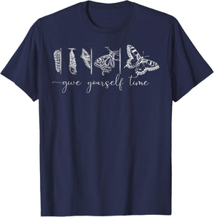 Inspirational Give Yourself Time Butterfly Motivational - Black, -Adults, Classic Fit, Short Sleeve, , S T-Shirt - T-Shirt | Navy