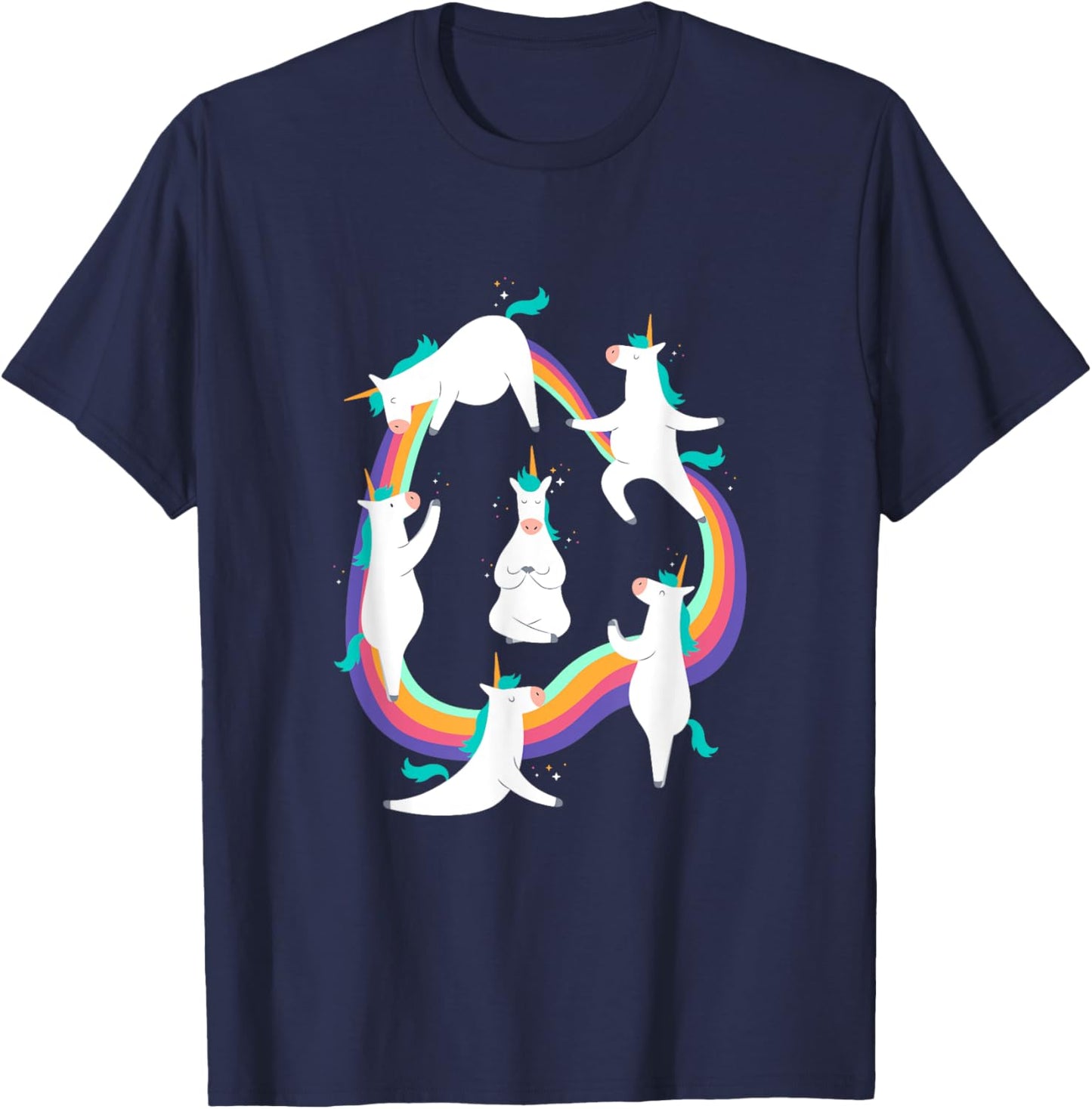 Unicorn Yoga Poses Colorful Cute and Funny Rainbow Yoga Pink T-Shirt - T-Shirt | Navy