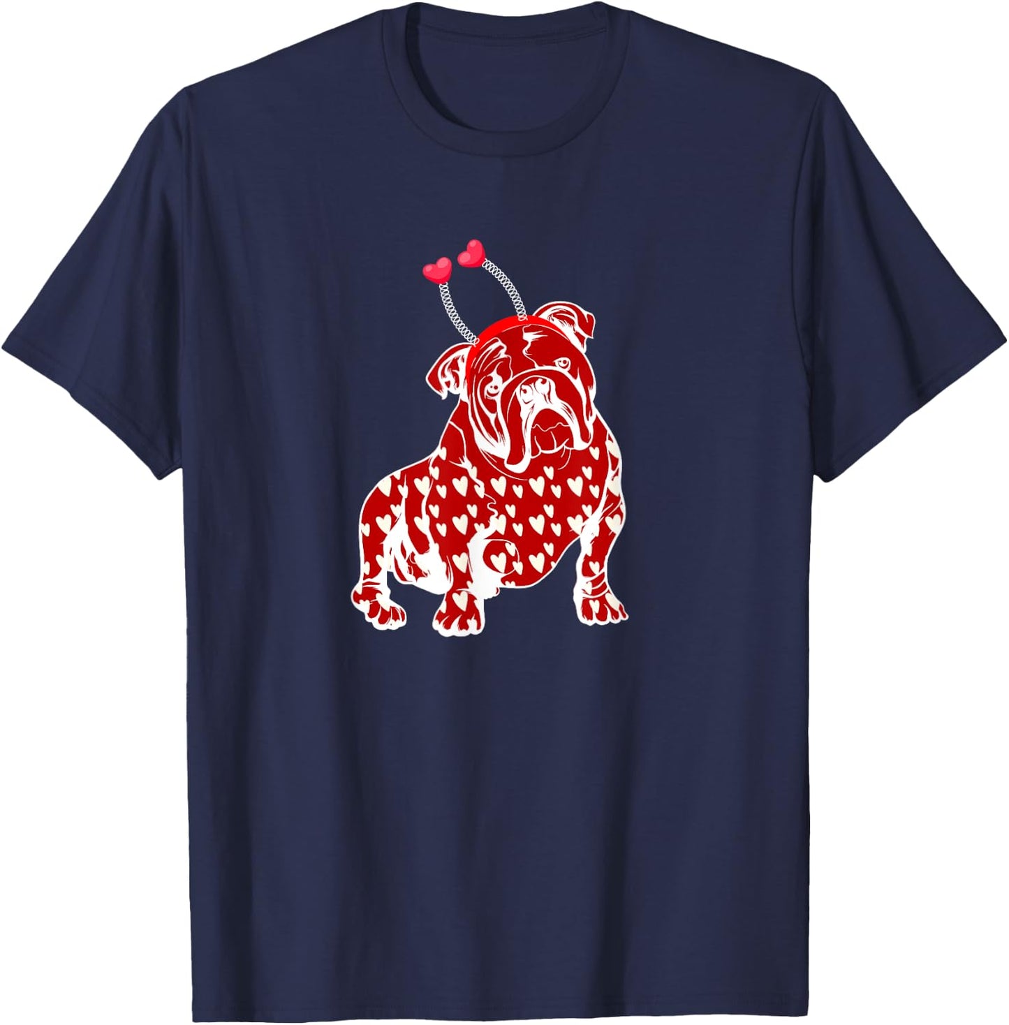 Bulldog Valentine Day Plaid Heart Pattern Dog Headband Heart Women Girls Kids T-Shirt - T-Shirt | Navy