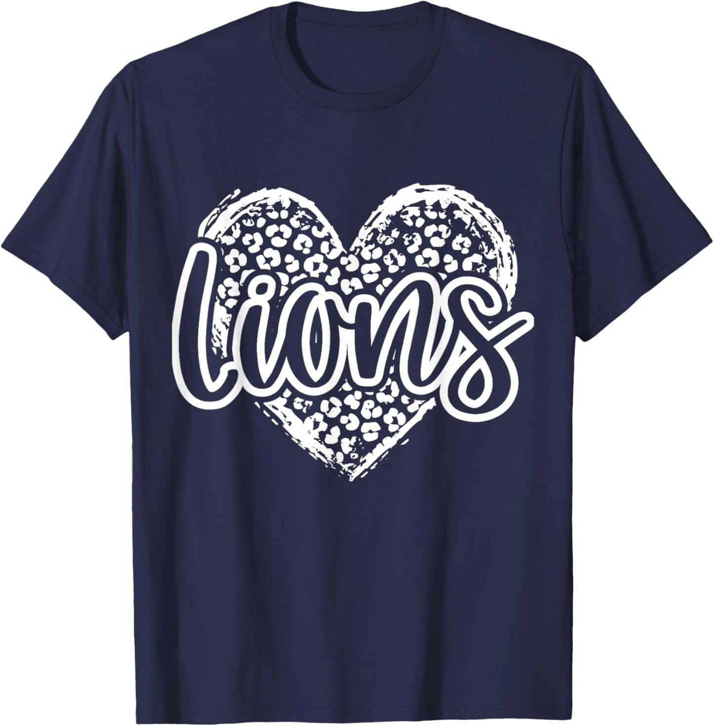 Leopard Cheetah Heart LIONS School Spirit Top Distressed T-Shirt - T-Shirt | Navy