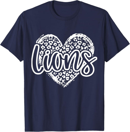Leopard Cheetah Heart LIONS School Spirit Top Distressed T-Shirt - T-Shirt | Navy