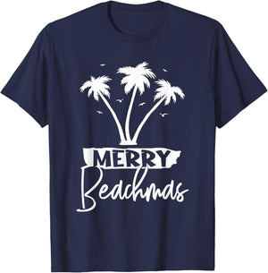 Merry Beachmas Palm Tree Beach Vacation Xmas Christmas Men Women T-Shirt - T-Shirt | Navy