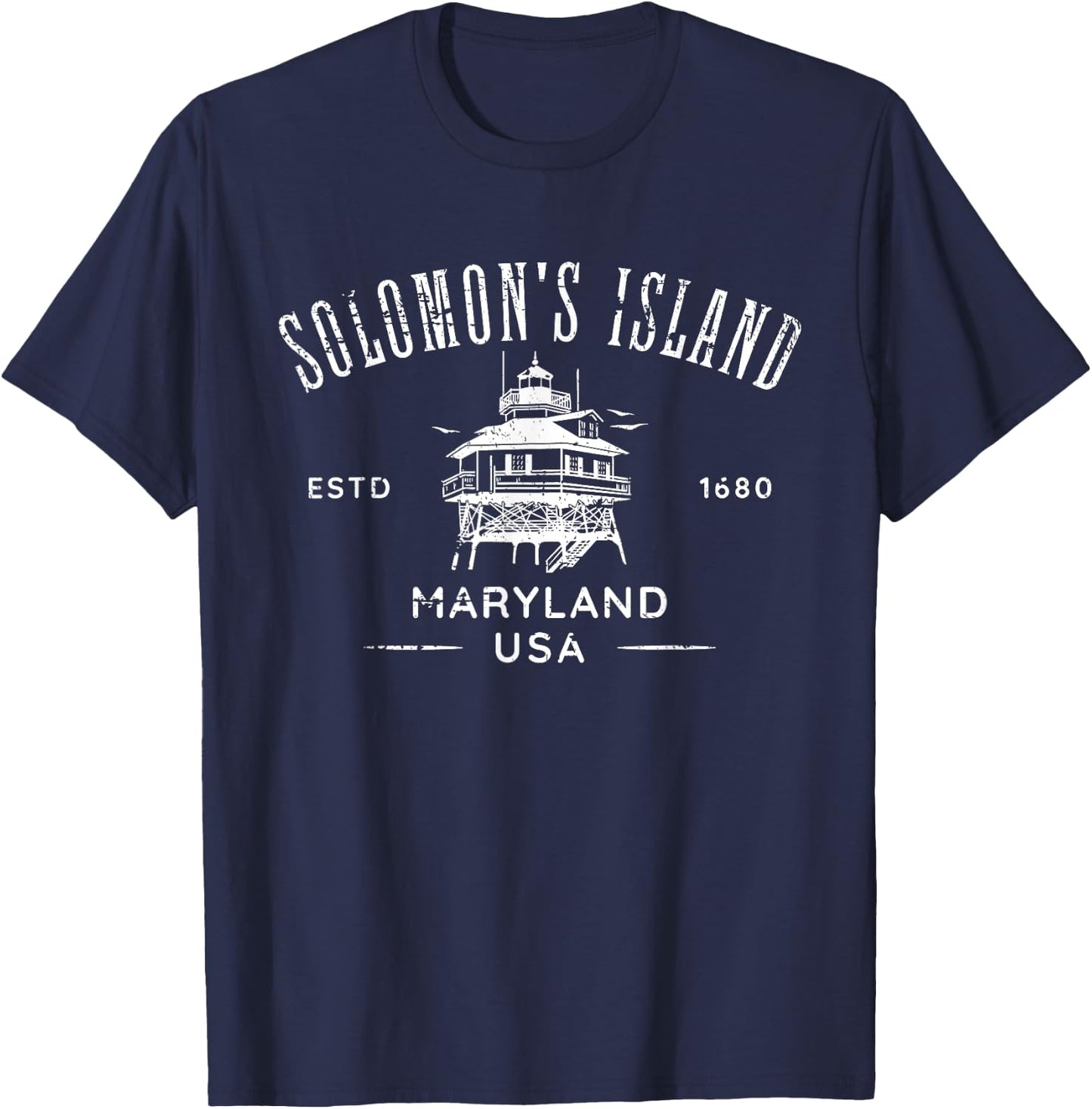 Solomons Island Maryland USA Lighthouse Distressed Design T-Shirt - T-Shirt | Navy