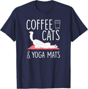 Coffee Cats Yoga Mats Cute Yogic Exercise Yoga Lover Gift T-Shirt - T-Shirt | Navy
