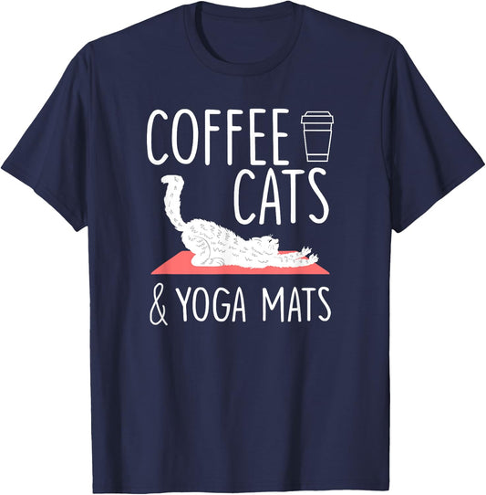 Coffee Cats Yoga Mats Cute Yogic Exercise Yoga Lover Gift T-Shirt - T-Shirt | Navy