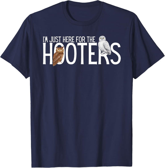 Funny Owl Shirts I'm Just Here for the Hooters -Adults Birdwatcher Humor Owl Graphic Black Small T-Shirt - T-Shirt | Navy