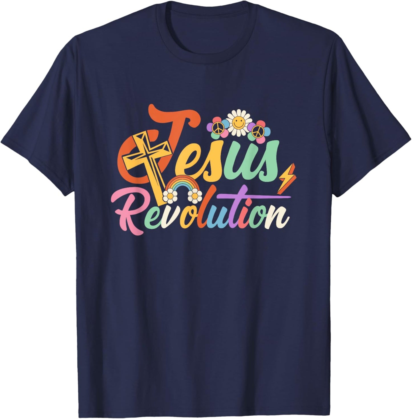 Jesus Revolution Groovy Flower Vintage Christian Faithcross T-Shirt - T-Shirt | Navy