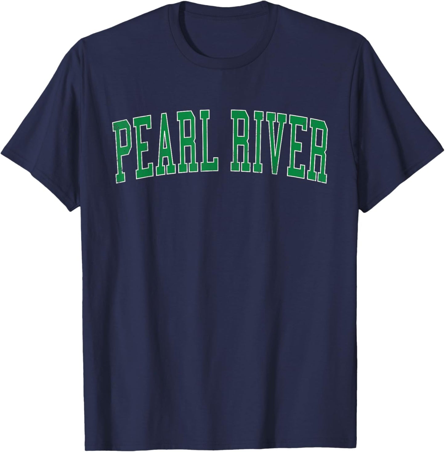 Vintage Pearl River NY Distressed Green Varsity Style T-Shirt - T-Shirt | Navy