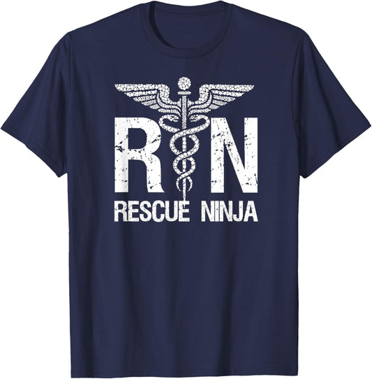 RN RESCUE NINJA Funny Registered Nurse Nursing Joke Quote T-Shirt - T-Shirt | Navy
