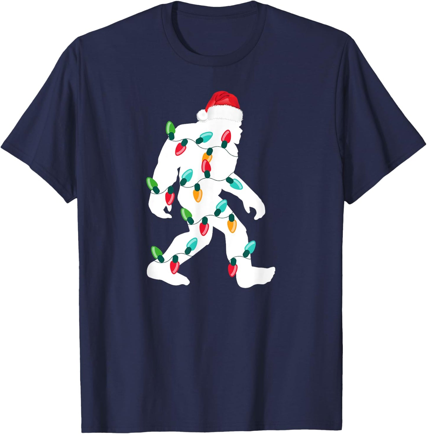 Bigfoot Santa Hat Christmas Sasquatch Xmas Lights T-Shirt - T-Shirt | Navy