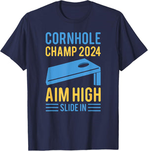 Cornhole Champ 2024 Aim High Slide In Cornhole Champion T-Shirt - T-Shirt | Navy