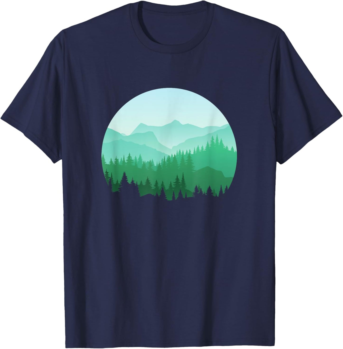 Teal Green Mountain and Forest Scene Silhouette Graphic T-Shirt - T-Shirt | Navy