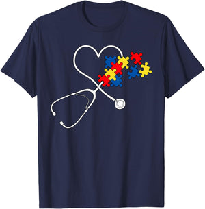 Autism Awareness Nurse Stethoscope Heart ASD Scrub Top Women T-Shirt - T-Shirt | Navy