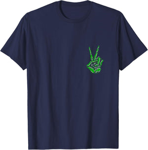 Green Skeleton Peace Sign Kelly Green Color Graphic T-Shirt - T-Shirt | Navy